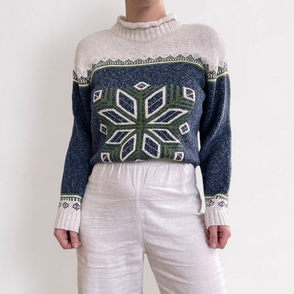 Vintage Cotton Wool Blend Sweater AOP Snowflake Sz S Christmas Mock Neck - Picture 3 of 8
